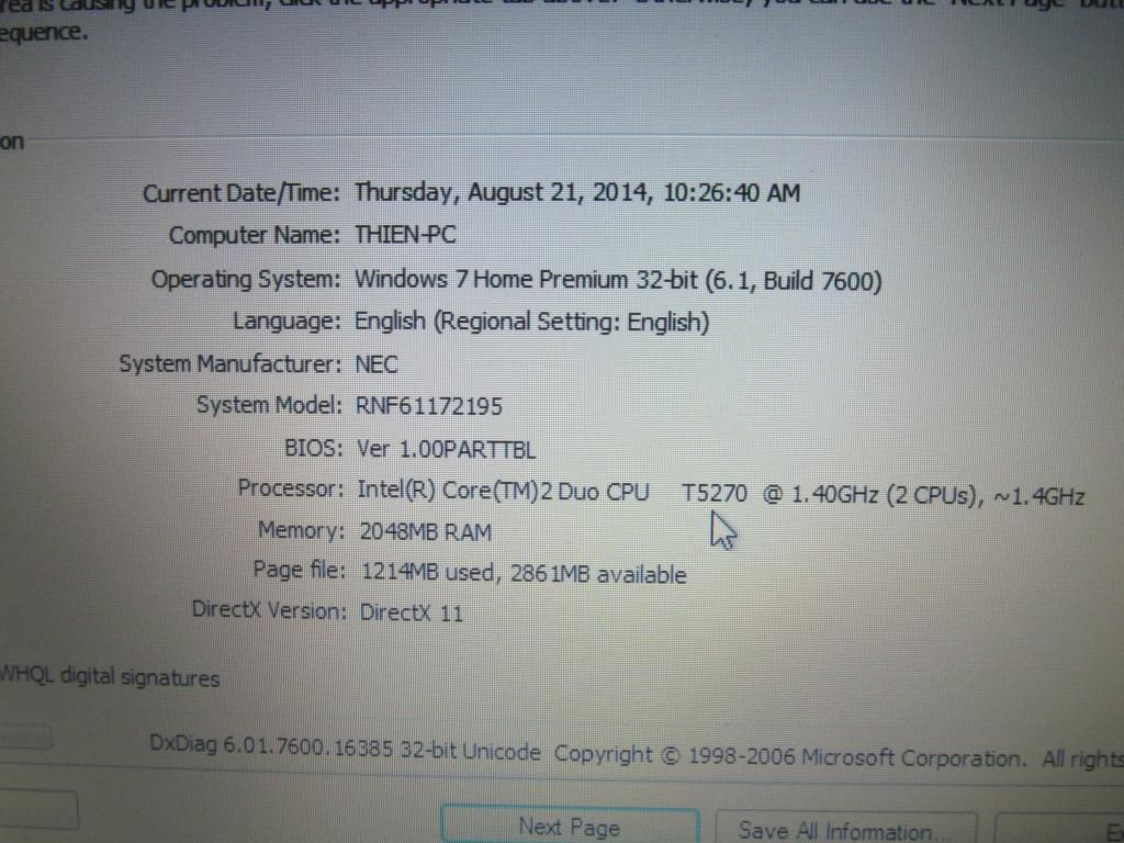 [HCM] NEC Versa E6300 Core 2 Duo T5270 ram 2gb DDR2 (2x1gb) 120gb sataII - 2